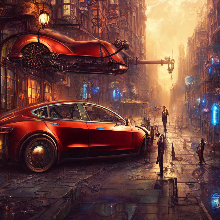 Futuristic red electric car in steampunk city with flying ship, pedestrians, and blue lantern