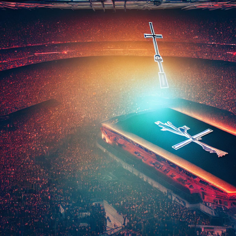 Crowded stadium with glowing crosses, creating a spiritual ambiance.