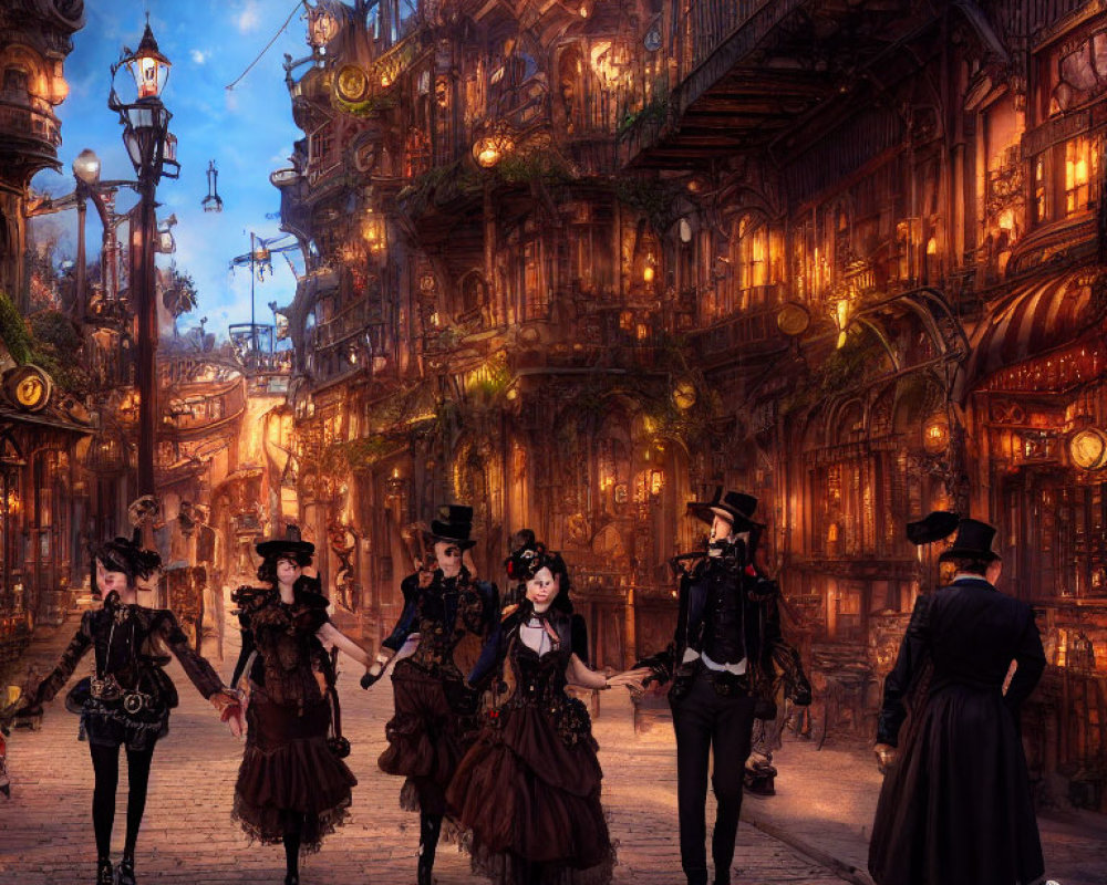 Victorian/Steampunk group in fantastical city at dusk