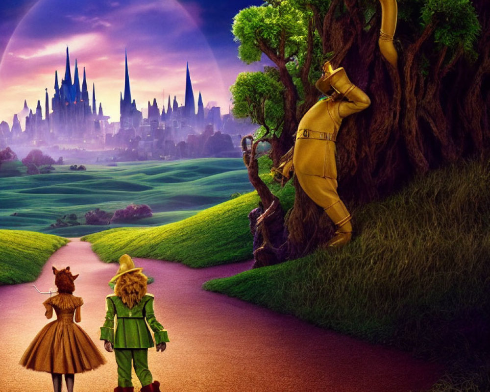 Famous characters on yellow brick road at sunset