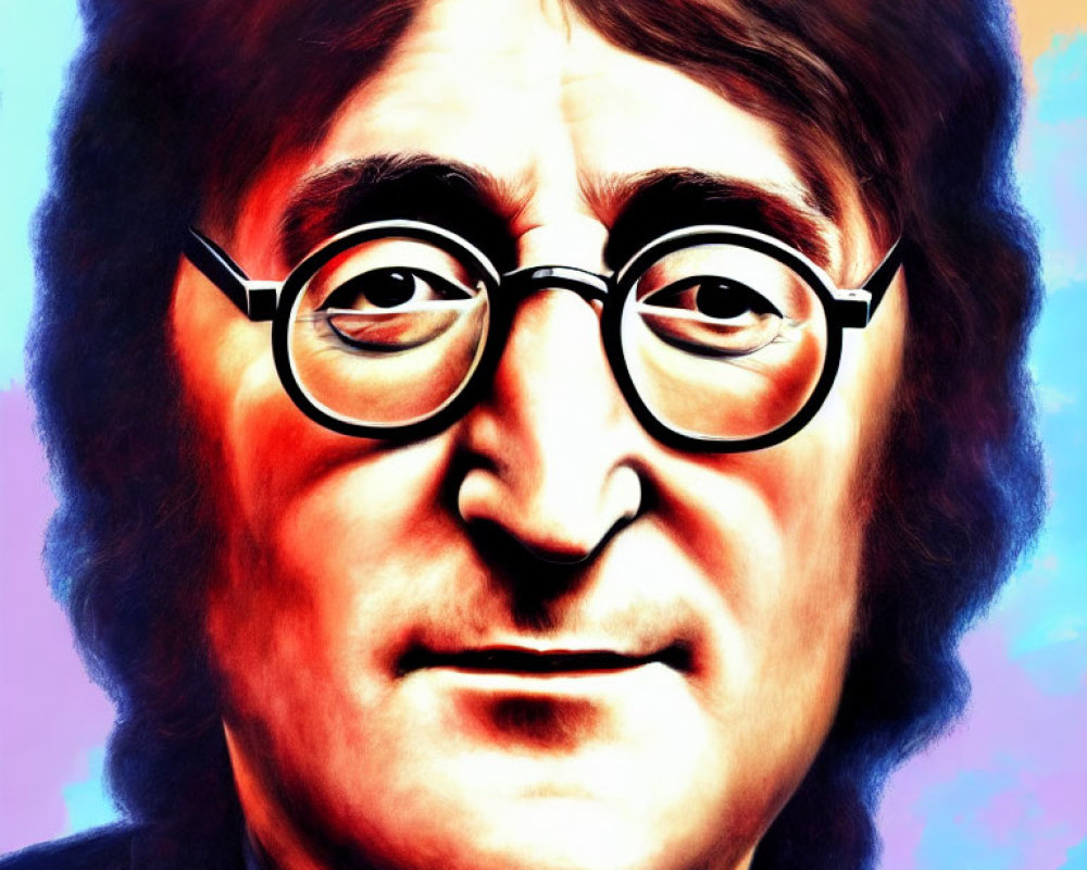 Vibrant portrait of a man with round glasses and long hair on gradient background
