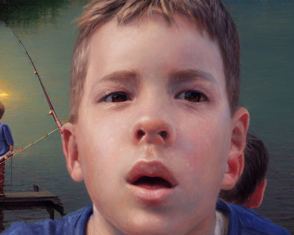 Young boy's portrait with people fishing by tranquil water