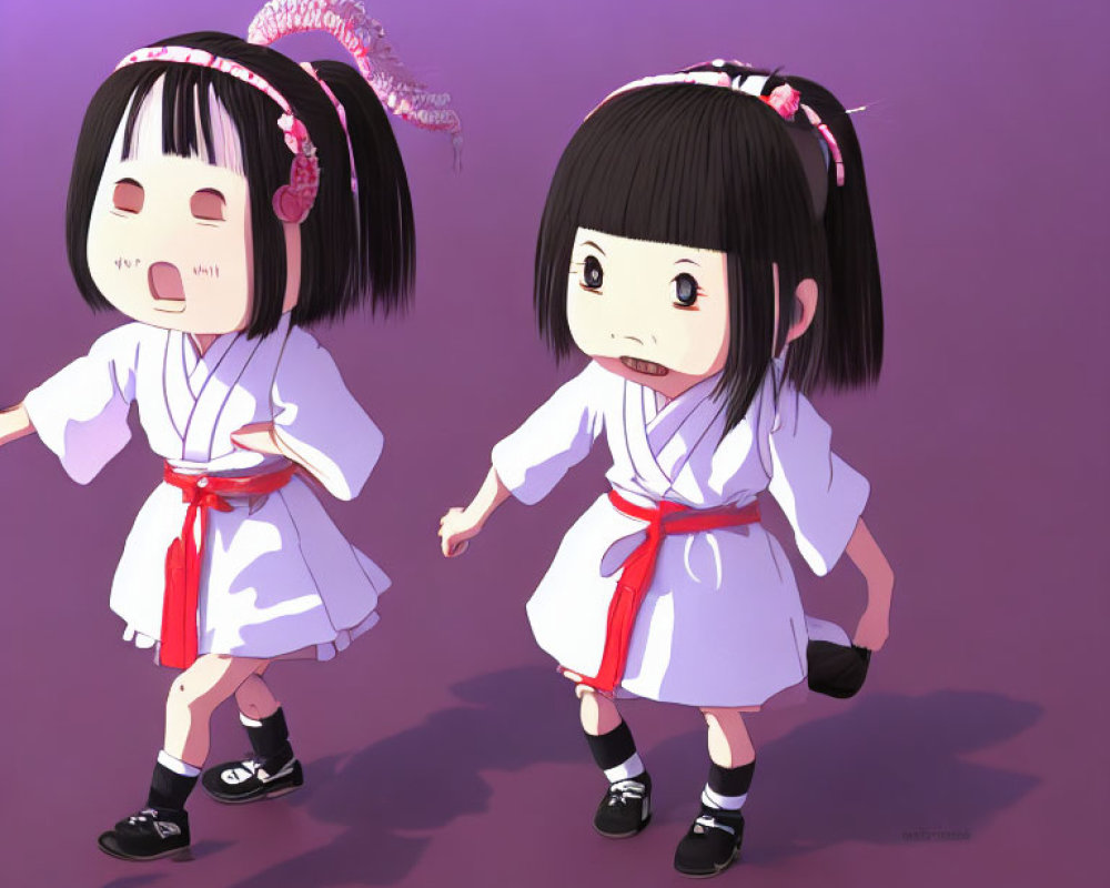 Two animated girls in traditional Japanese attire on purple background