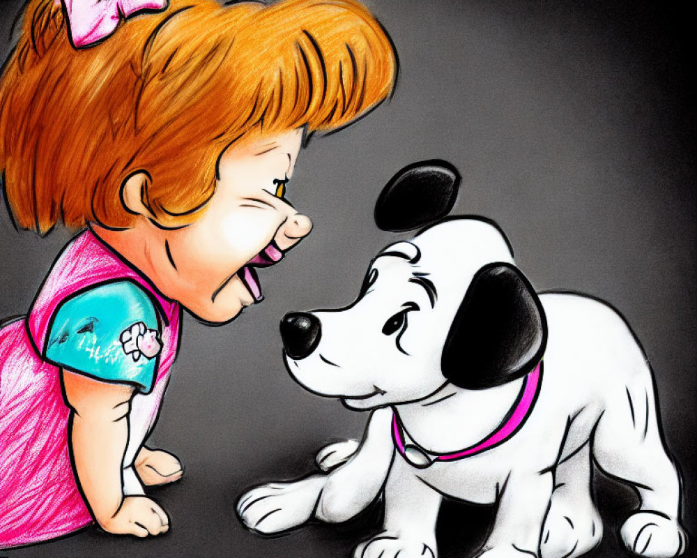 Red-haired girl with pink bow laughing at black and white puppy