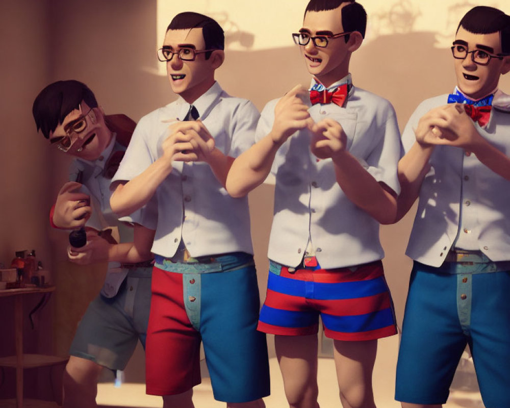 Four animated characters in white shirts and bow ties having a cheerful moment