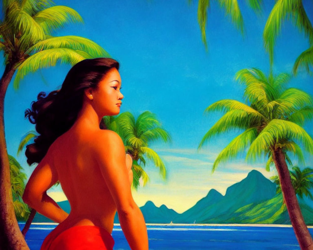 Woman in red skirt sitting on beach with palm trees and mountains in background.