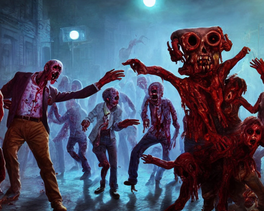 Horror scene: zombies and monster in dark city street