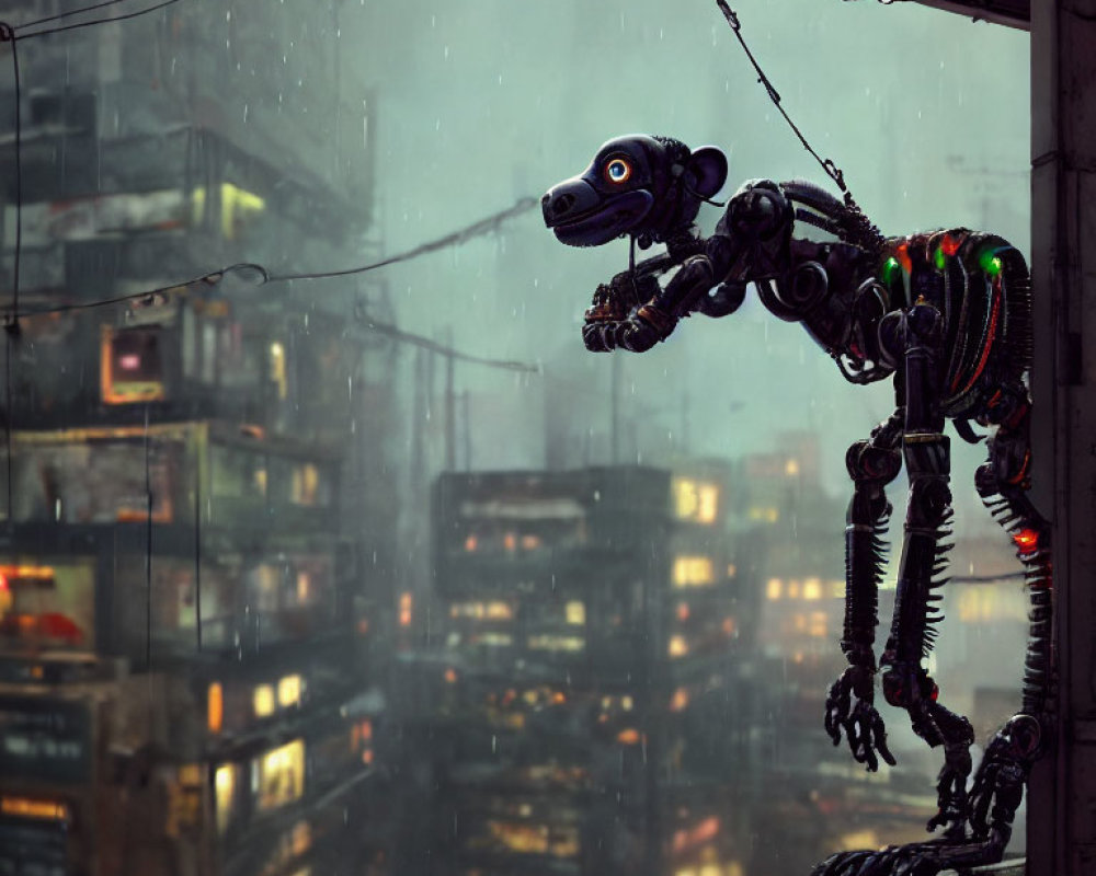 Robotic dog-like creature in dark dystopian setting gazes at neon-lit cityscape