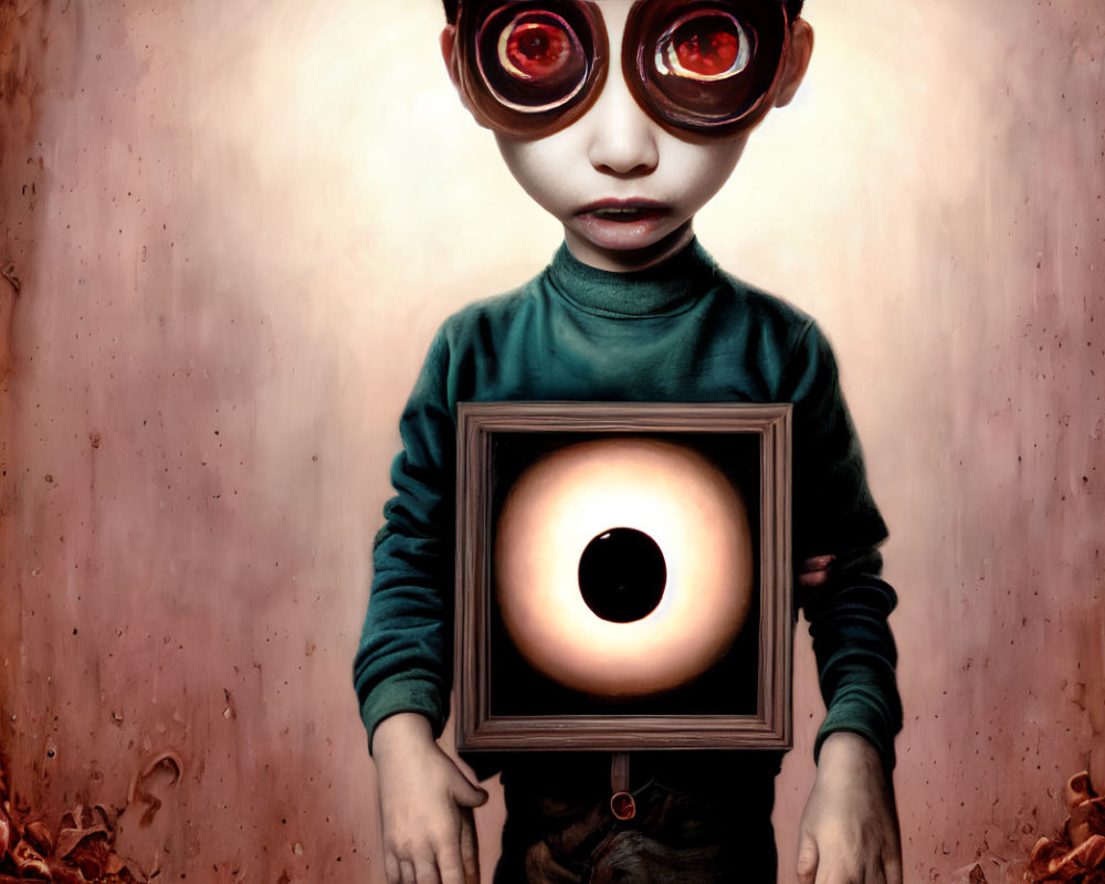 Character illustration with oversized glasses and surreal eye in frame