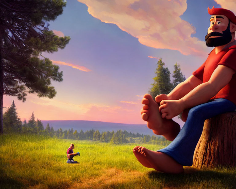 Enormous bearded man on tree stump gazes at small purple figure in meadow