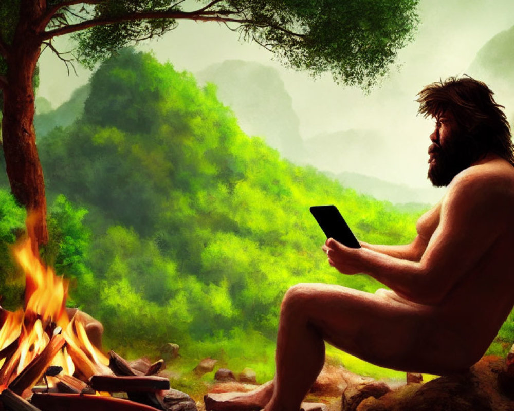 Bearded man sitting by campfire in lush green forest with smartphone