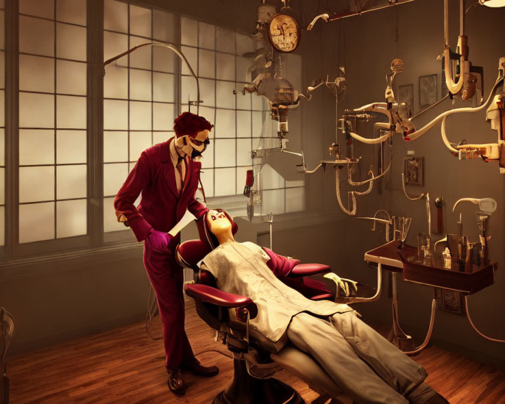 Stylish person in red suit at vintage dental office with elaborate equipment