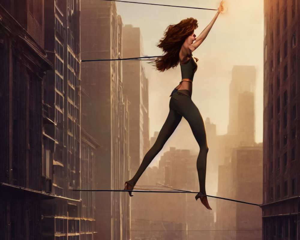 Graceful animated woman high-wire act in city landscape