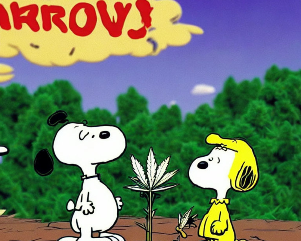 Snoopy and Woodstock with speech bubble by plant in forest scene