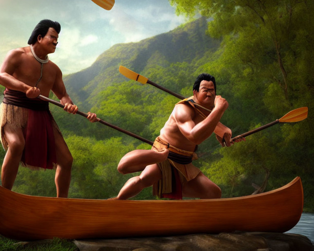 Animated characters rowing canoe in lush green landscape