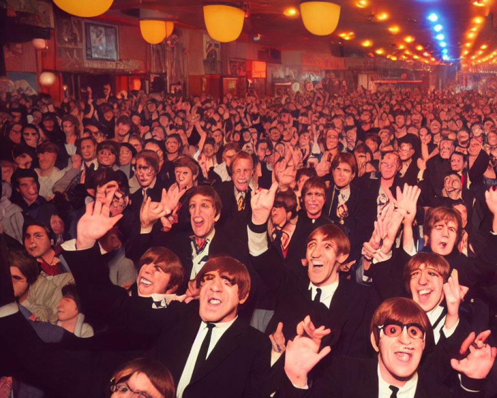 Vintage Clothing and Beatles Wigs: Crowd Clapping in Warmly Lit Room