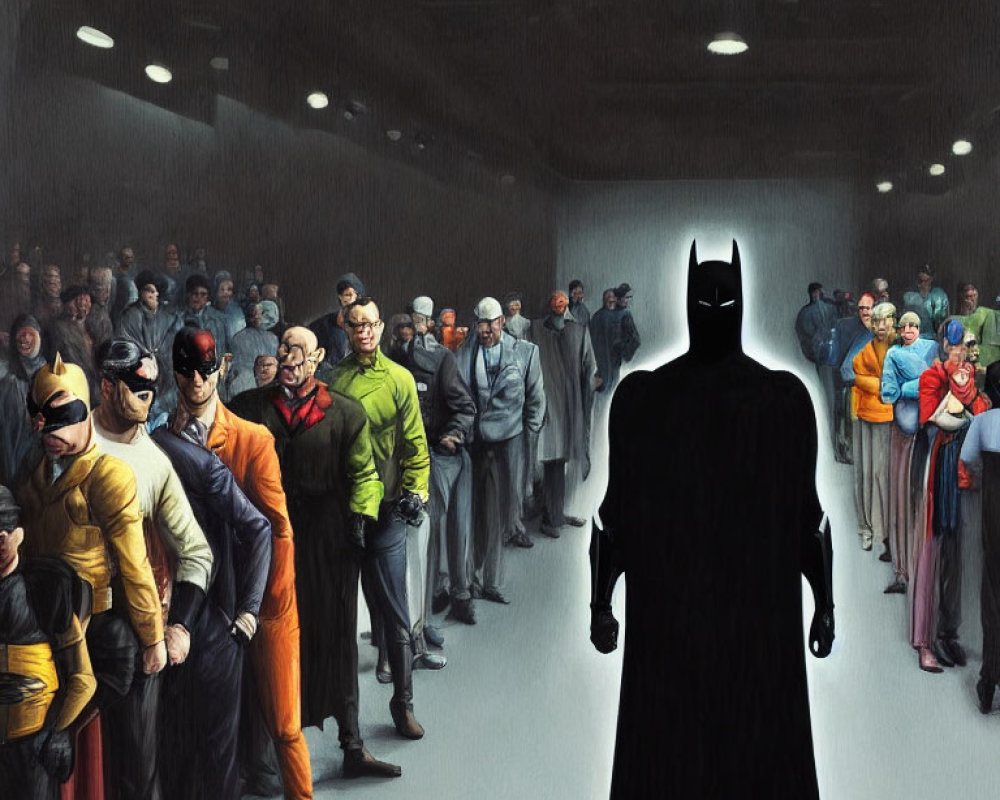 Person in Batman costume faces crowd of characters in dimly lit room