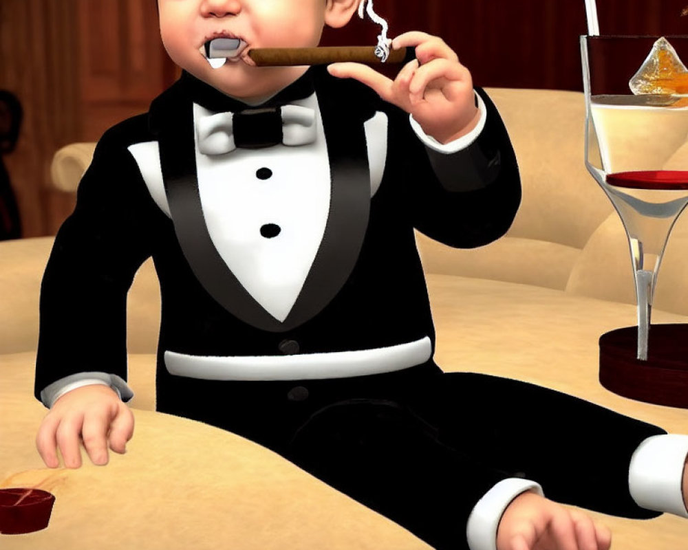 3D-rendered baby in tuxedo with cigar and drink in background