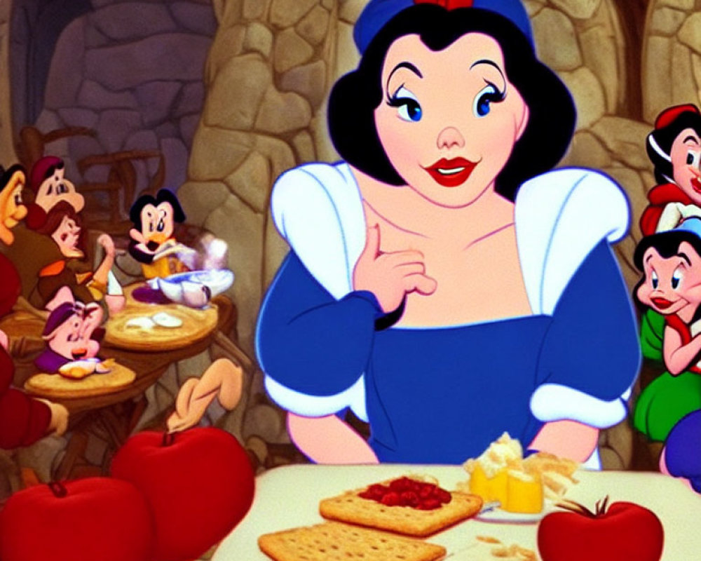 Fairytale scene: Snow White smiles in cottage with Seven Dwarfs at table