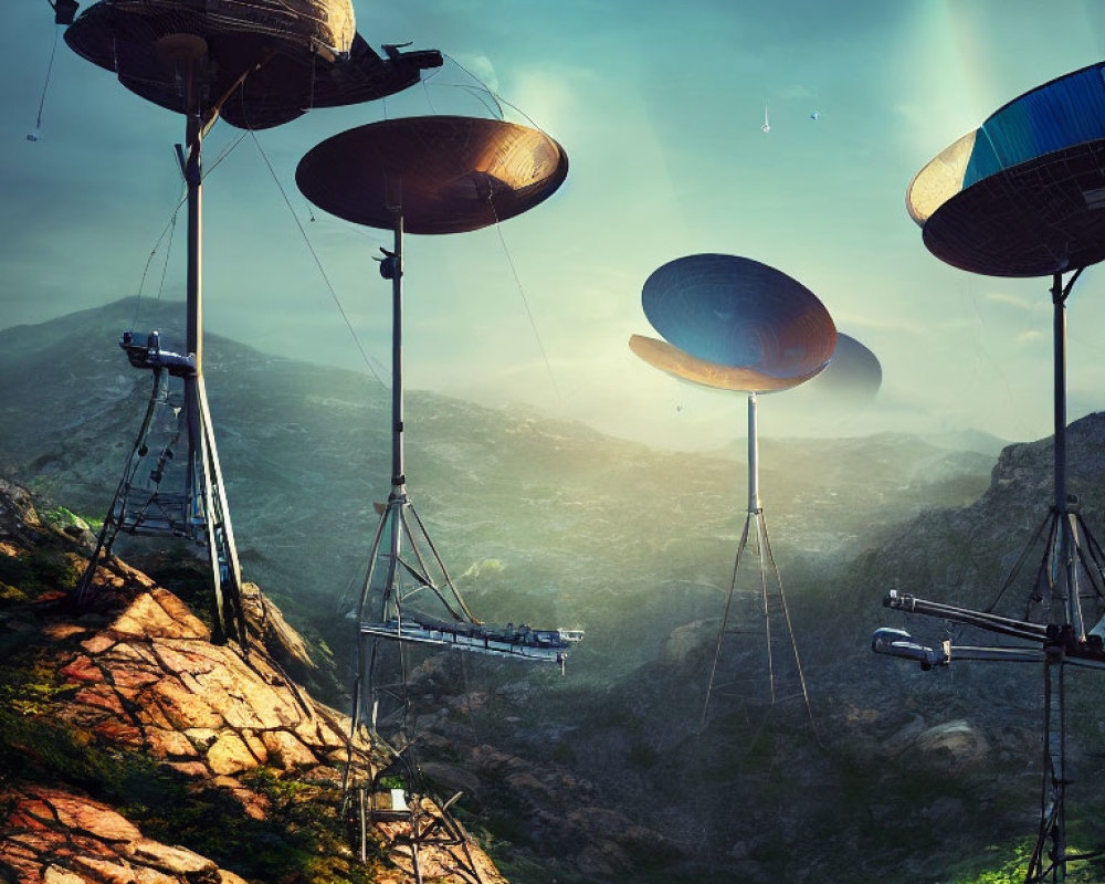 Futuristic antennas on mountain landscape with clear sky