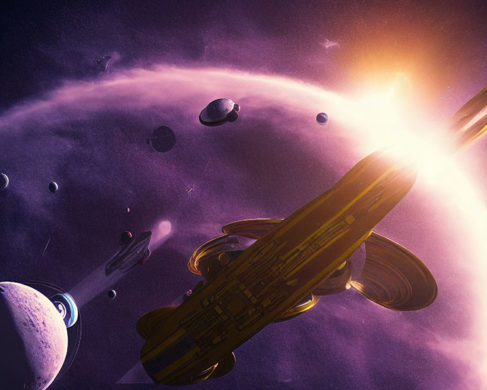 Yellow spacecraft in purple solar system with planets and sun