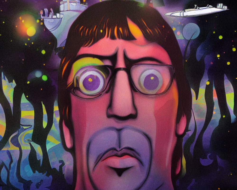 Exaggerated man portrait on psychedelic space background