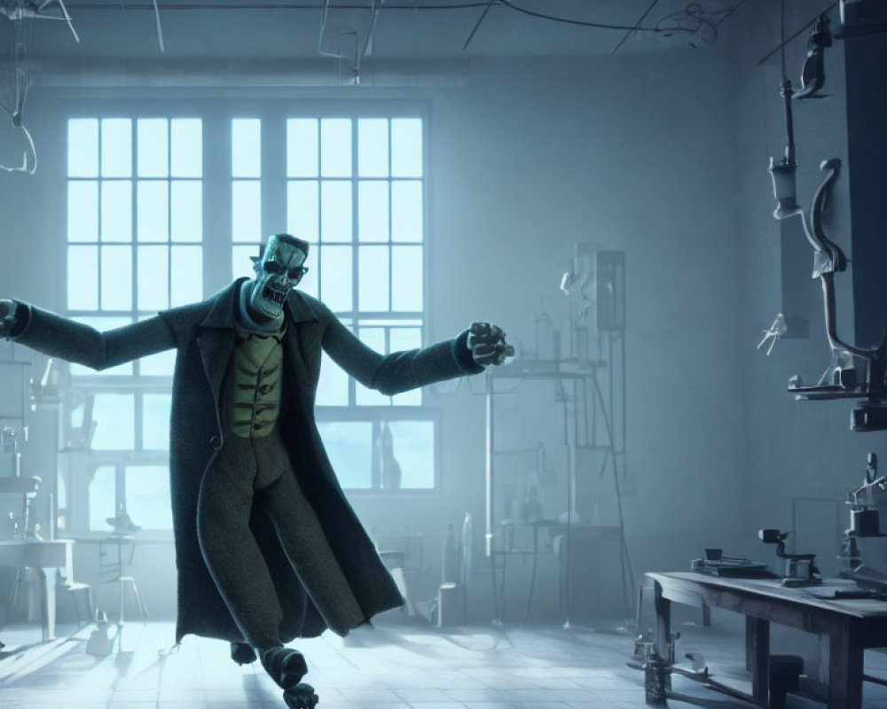Green-skinned male character in trench coat and glasses in lab setting