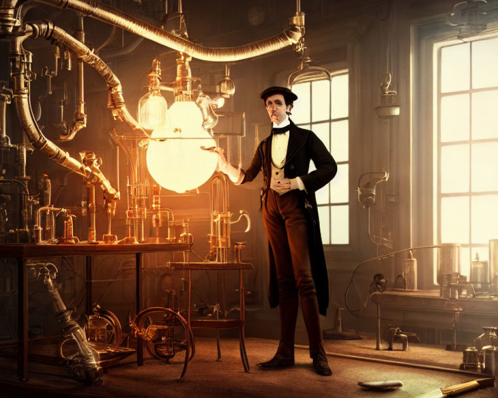 Victorian man in dimly lit laboratory with glowing bulb