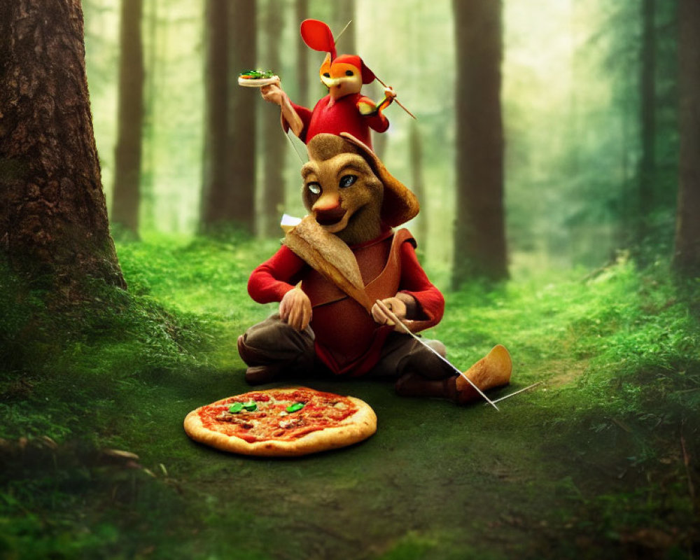 Anthropomorphic mouse in red hoodie with pizza in forest, small character on shoulder