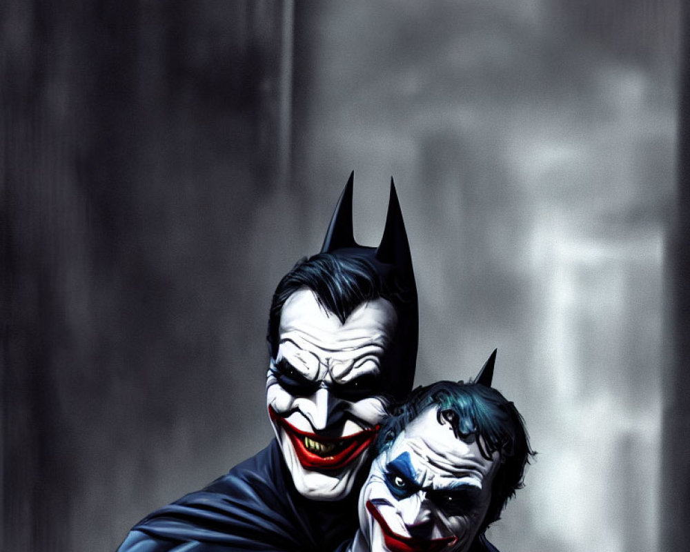 Two individuals in Joker makeup and dark outfits pose against blurred grey background