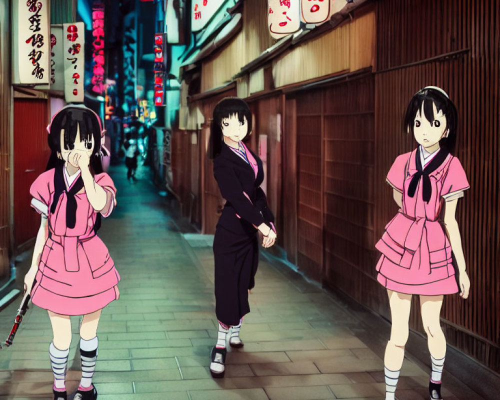 Three animated characters in school uniforms in narrow alley with Japanese lanterns and signs.