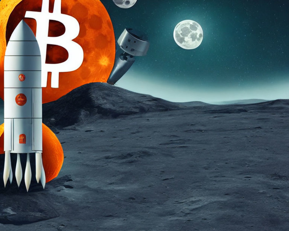 Bitcoin symbol rocket launches from moon surface towards three moons in starry sky