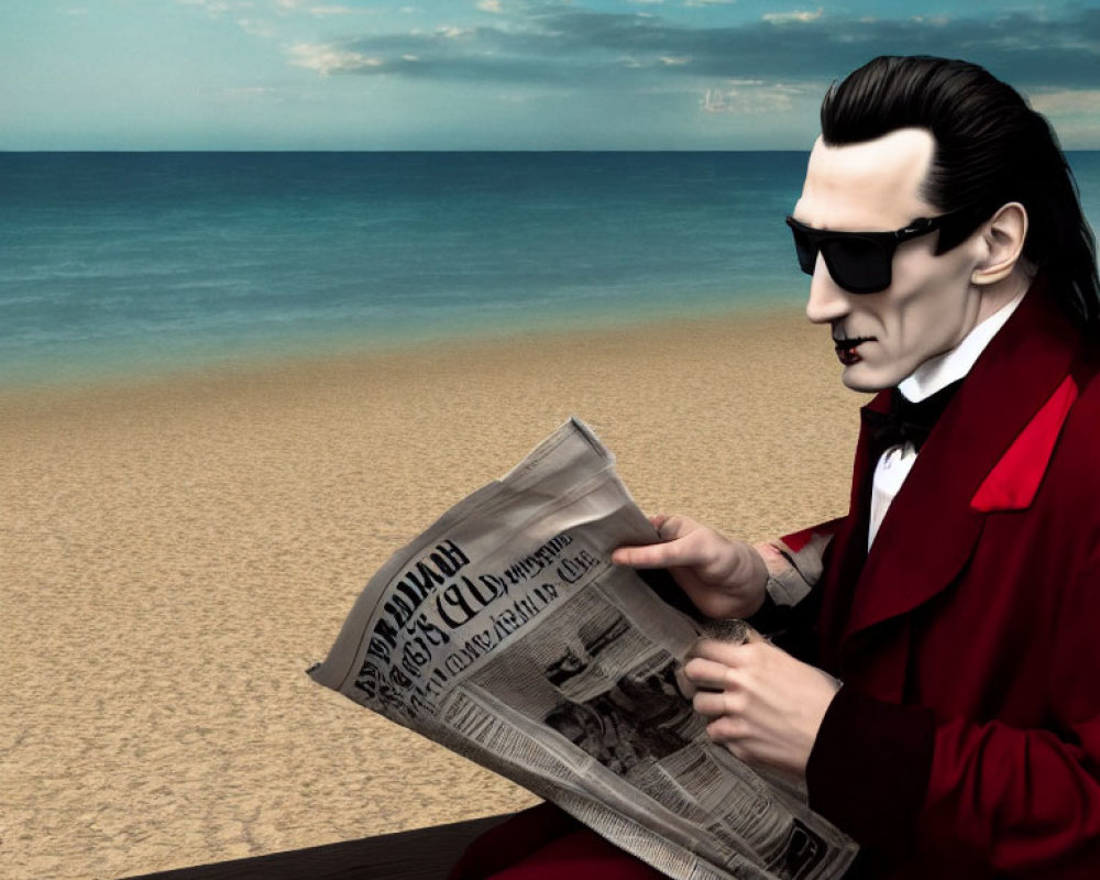 Stylized character in red suit and sunglasses reading newspaper on beach bench