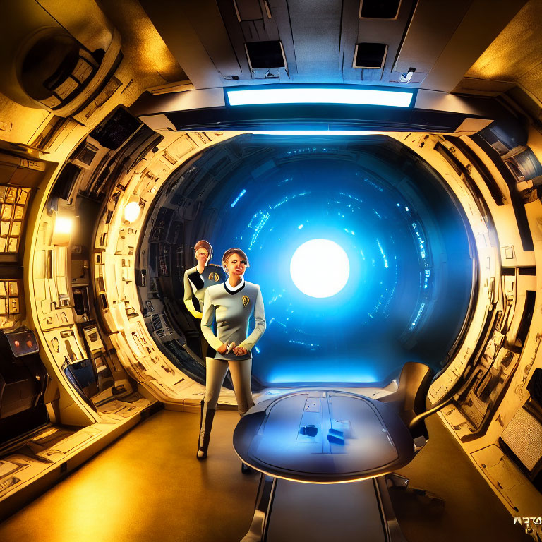 Futuristic individuals in spaceship corridor with circular portal