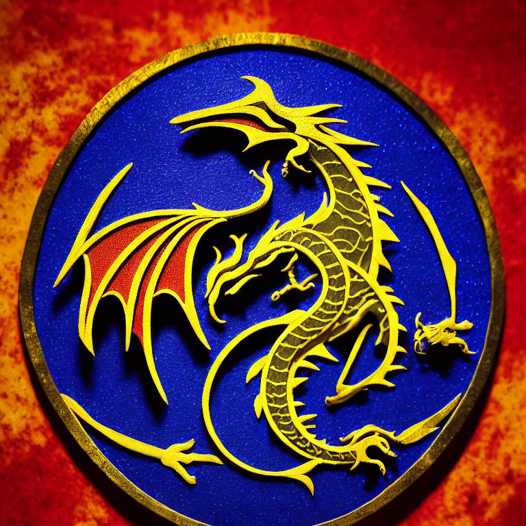 Detailed Close-Up of Embossed Golden Dragon Coin on Textured Blue Background