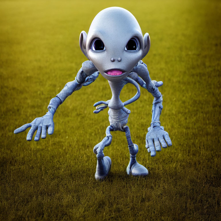 Cartoonish alien with large head and big eyes on grassy surface