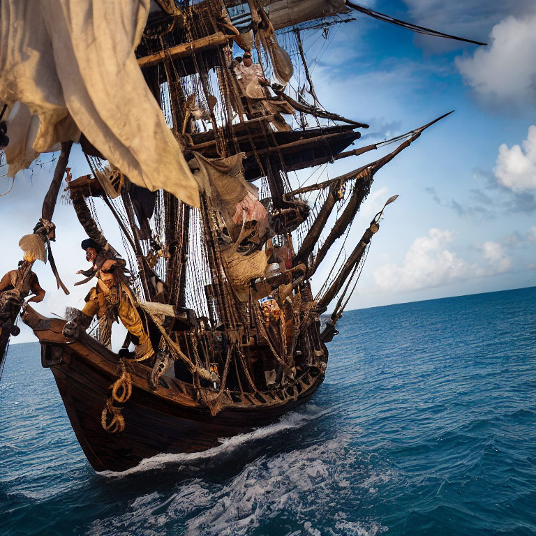 Wooden pirate ship sailing on the ocean with crew members on deck and in rigging