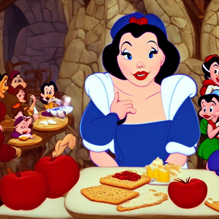 Fairytale scene: Snow White smiles in cottage with Seven Dwarfs at table