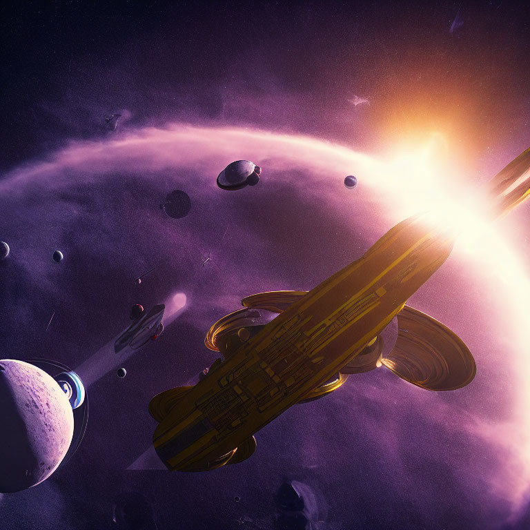 Yellow spacecraft in purple solar system with planets and sun