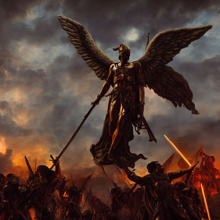 Large winged warrior with spear amidst battlefield soldiers in smoky sunset sky