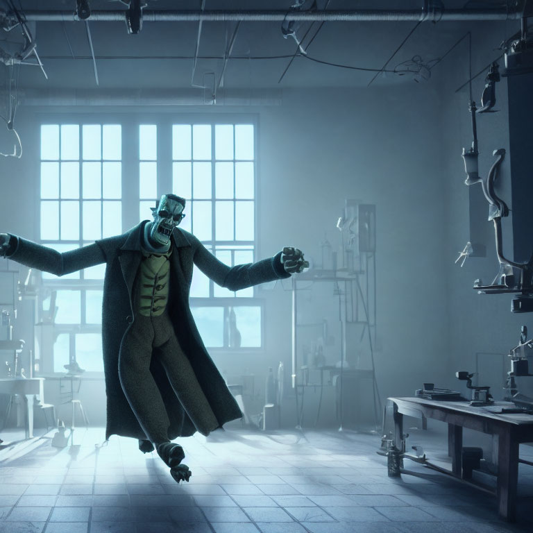 Green-skinned male character in trench coat and glasses in lab setting