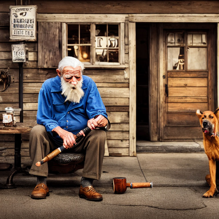 Elderly man with white beard sitting outside rustic wooden building with pipe and barking dog