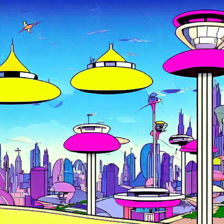 Vibrant futuristic cityscape with tall buildings and flying vehicles