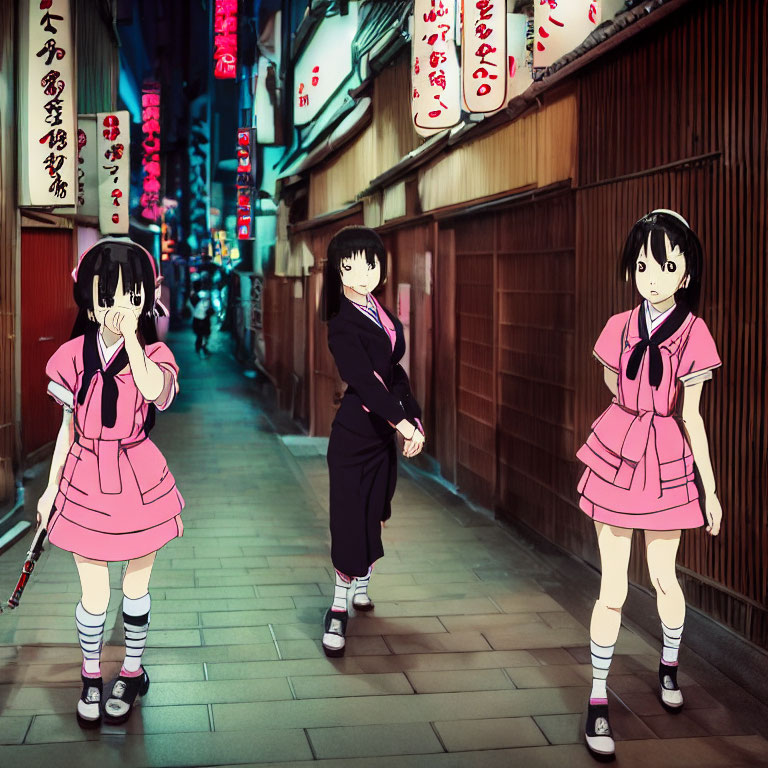 Three animated characters in school uniforms in narrow alley with Japanese lanterns and signs.