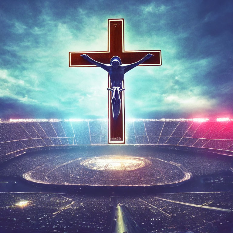 Illuminated cross with figure above packed stadium at dusk