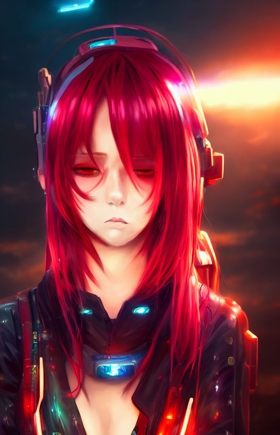 Digital artwork: Character with red hair & cybernetic enhancements, futuristic headset, glowing blue accents in