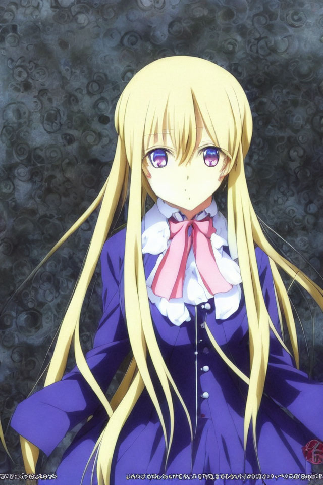 Blonde Anime Girl in Blue Dress with Purple Eyes