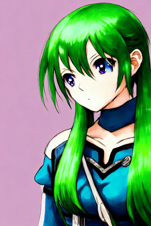Vivid green hair and blue eyes on female character in blue outfit