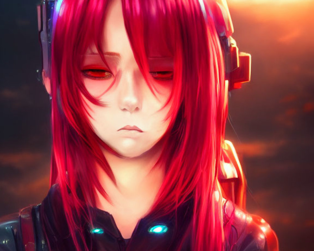 Digital artwork: Character with red hair & cybernetic enhancements, futuristic headset, glowing blue accents in