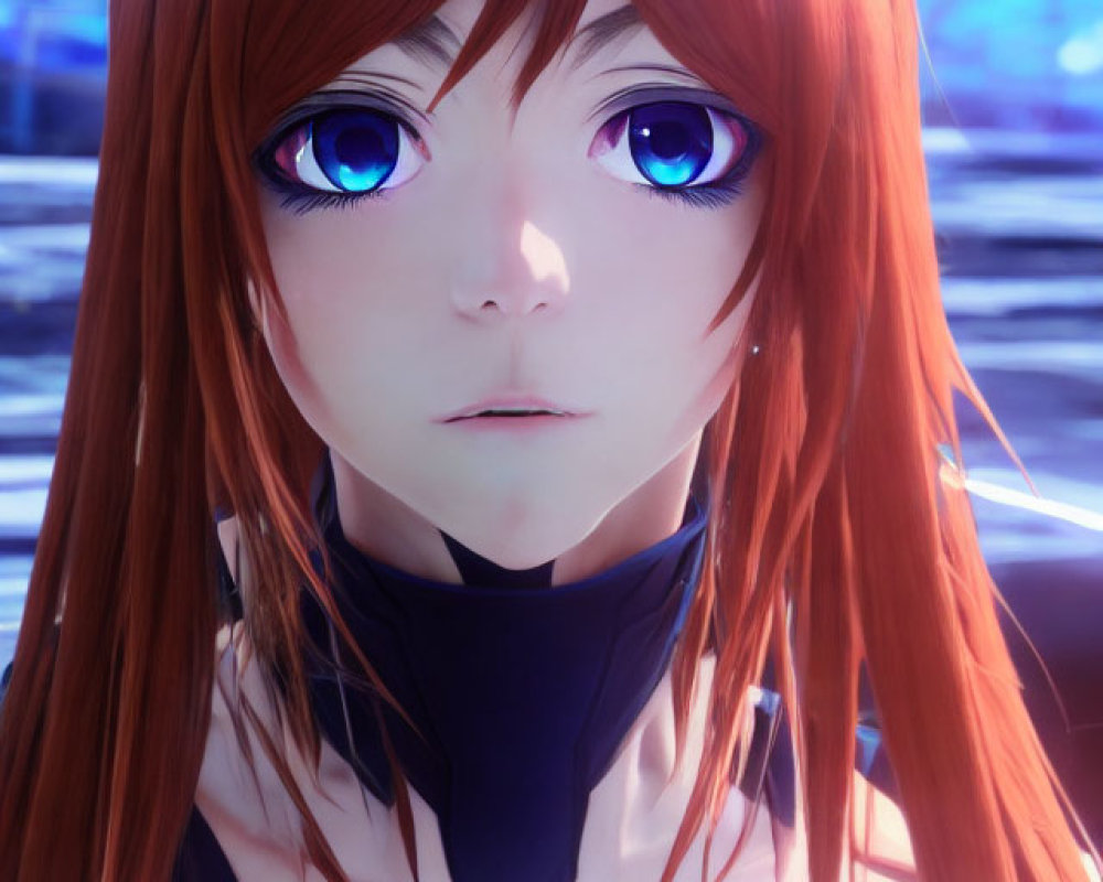 Anime-style female character with bright blue eyes and long red hair on blurred blue backdrop